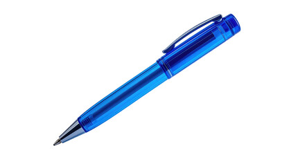 A clear, transparent blue ballpoint pen lays diagonally on a stark black background, showcasing its clean lines