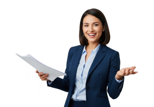 Smiling businesswoman holding documents isolated on transparent background - Powered by Adobe