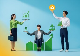 Dynamic business professionals collaborate to achieve financial growth and career success with insightful data visualization and investment symbols