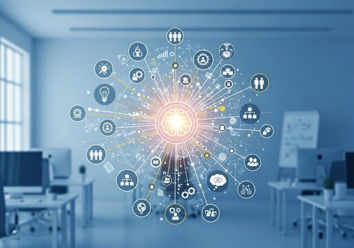 Dynamic network visualization of business strategy and human connection radiating from a glowing brain concept in a modern office setting, representing innovation and growth.