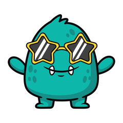Funky Teal Monster with Star Sunglasses – Cute Flat Cartoon Character on White Background