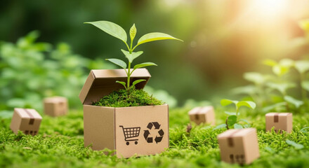 Young plant in recycled packaging promoting circular economy initiative and sustainable delivery with green moss and sunlight