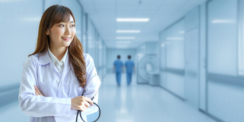 Beautiful and cheerful good mood young lady asian doctor dressed uniform smiling arm stethoscope on walkway.  COPY SPACE.