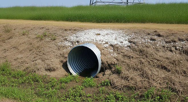 Corrugated pipe drainage pipe culvert grass dirt embankment erosion control farm field rural landscape metal tube water runoff soil channel gravel agriculture blue sky vegetation utility tower