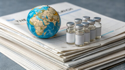 Global health policy news concept with globe and vaccine vials on stacked newspapers highlighting international pandemic response and public health action to protect communities worldwide