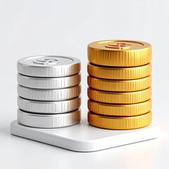 Coin stacks, silver and gold, on white platform