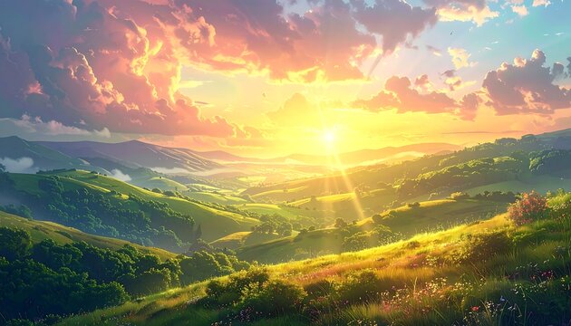 A vibrant sunrise casts a golden glow over a lush valley, illuminating rolling hills and a scattering of clouds