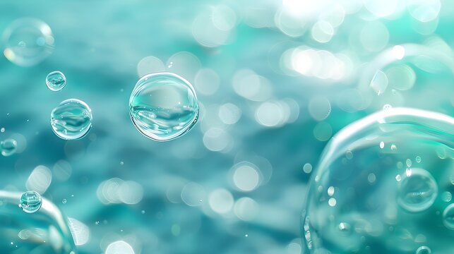 Sparkling water droplets float in a luminous turquoise background with soft bokeh creating a refreshing and clean aesthetic.