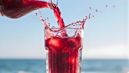 Refreshing splash of cranberry juice by the sea
