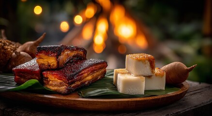 Crispy pork belly and sweet coconut dessert on rustic wooden platter for unforgettable Caribbean food adventure and authentic island cuisine