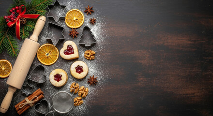 Gingerbread cookies on tray with jam filled biscuits cinnamon and dried orange create festive christmas and new year baking scene full of warmth and joyful holiday spirit