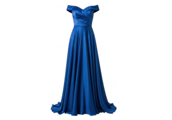 Elegant royal blue off the shoulder floor length evening gown isolated on transparent background