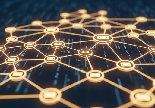 Dynamic digital network of connected email icons symbolizing global communication, data flow, and digital transformation in a vibrant, futuristic cyberspace.