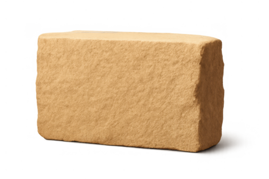 Sandstone block material composition, natural rock construction element, beige building stone isolated with transparent background