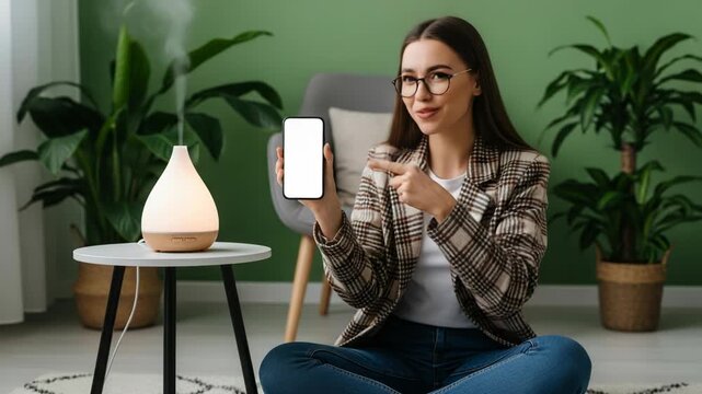 Woman showing smartphone screen near aroma diffuser at home