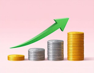 Increasing coin stacks with upward green arrow