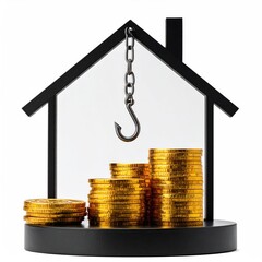 House-shaped frame, coins, and a hook