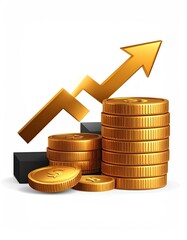 Gold coins stack with upward golden arrow