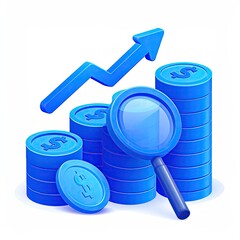 Blue coins stack with upward arrow, plus magnifier