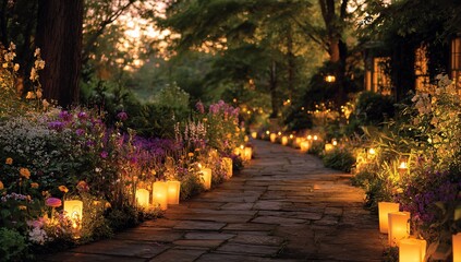 Fototapeta premium Enchanting garden path illuminated by warm glowing lanterns at twilight creating a magical romantic ambiance perfect for weddings or events