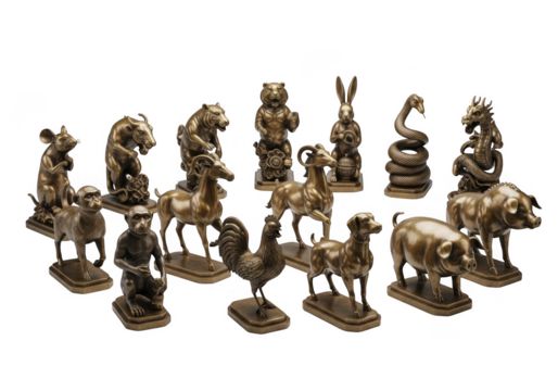 Collection of antique animal and human figurines isolated on transparent background