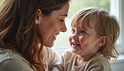  Parent and child talking in close-up photorealistic shot