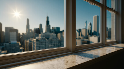 Obraz premium Cityscape through the Window: Gaze upon the expansive cityscape, framed by the sun-drenched window, a tableau of urban life and architectural marvels with skyscrapers under a clear blue sky.