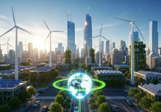 Vibrant futuristic eco city showcases sustainable urban development with wind turbines, solar panels, and lush greenery amidst modern skyscrapers creating a vision of a green future.