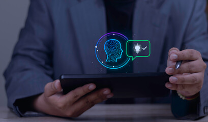 Businessman using AI on tablet for problem-solving. The AI generates a validated solution, showing an idea (lightbulb) and approval (checkmark).