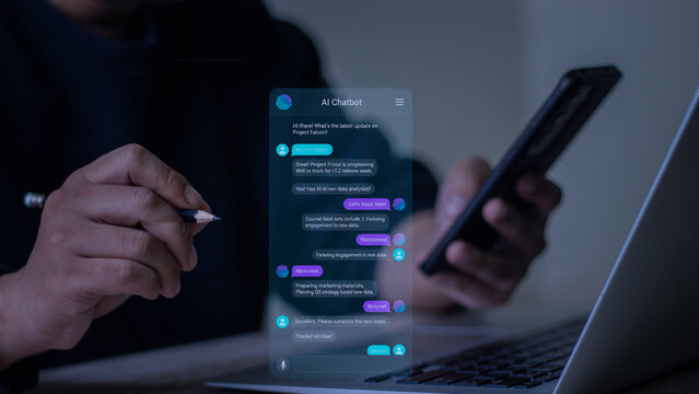 Man uses AI chatbot for project management. A virtual assistant summarizes project status and team collaboration updates.