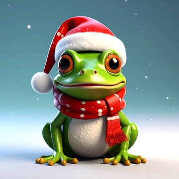 A cartoon frog in a Santa hat and red scarf, featuring large, orange eyes and a cheerful expression, set against a soft, snowy backdrop