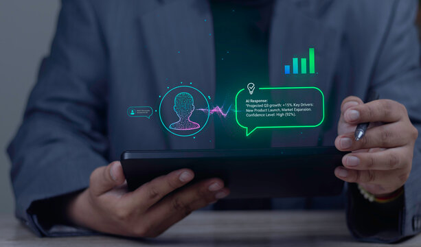 Businessman uses AI for business intelligence (BI) and predictive analytics. An AI assistant on a tablet provides a forecast for business growth. - Powered by Adobe