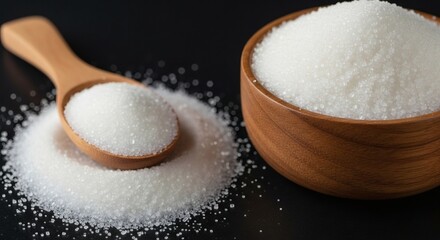 Sugar Mountain Heap of White Sugar Crystals with a Wooden Spoon.