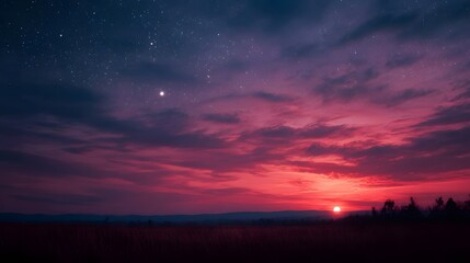 A dramatic sunset with vibrant pink and red clouds and stars in the twilight sky over a silhouetted landscape