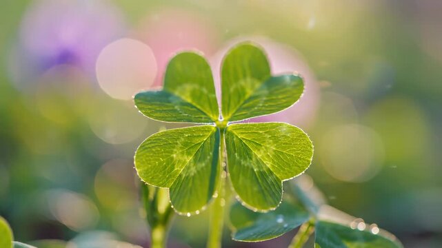Close up of a four leaf clover in bright sunlight with bokeh effect