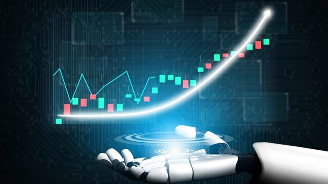 A robotic hand showcases a bright data visualization of stock market growth trends and indicators, symbolizing the integration of technology and finance in modern analysis. Copula - Powered by Adobe