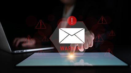 Digital warning mail interface highlights email threat detection, security monitoring, and proactive prevention of phishing and malware intrusions. Parse
