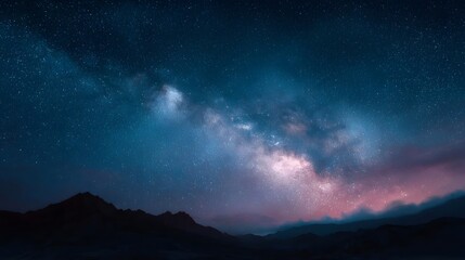 The majestic Milky Way galaxy arches across a deep blue star filled night sky above dark silhouetted mountains
