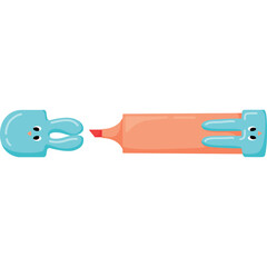 Cute blue cartoon bunny characters with big eyes next to an orange highlighter marker with pink tip and green cap on a transparent background
