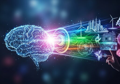 Vibrant digital brain generating innovative city concepts, technology circuits, and renewable energy solutions, symbolizing future progress and intelligent design.