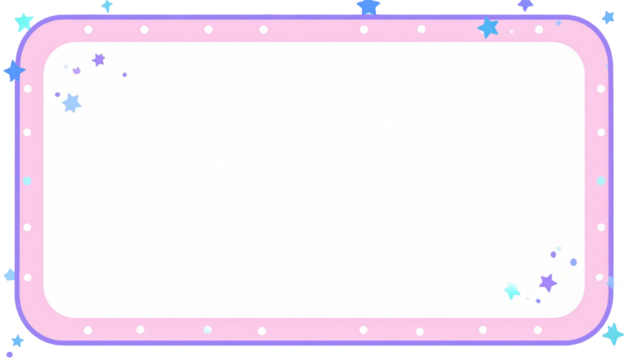 Rectangular frame with rounded corners, pink border, white dots and blue stars on a white background