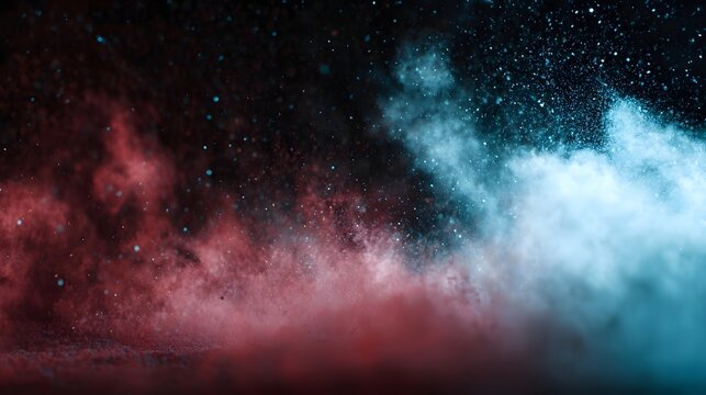 Abstract explosion of vibrant red and blue particles and smoke in dark space