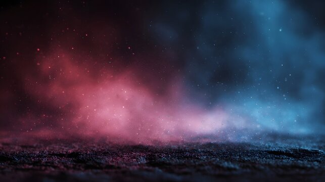 Atmospheric background with swirling red and blue smoke glowing particles and textured ground