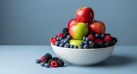 a white ceramic bowl filled with fresh fruits like apples and berries
