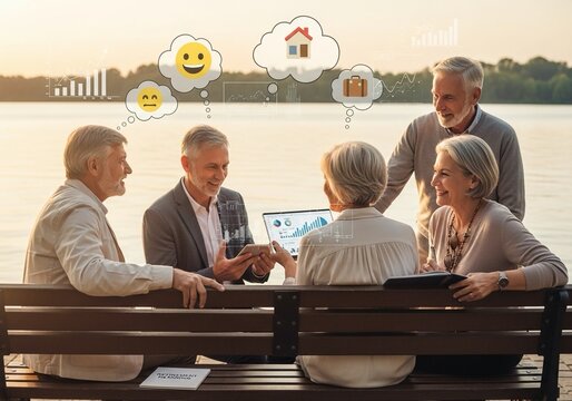 Engaged seniors collaborating on retirement dreams and financial future while enjoying serene lakeside ambiance with visual data overlays