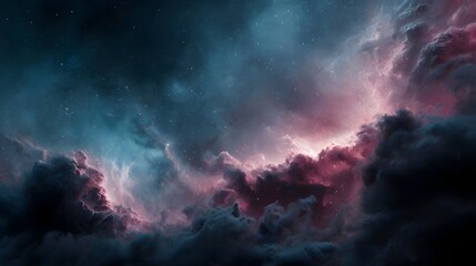 Vibrant pink and blue nebula swirls with stars in deep space a cosmic dust cloud formation