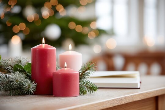 Festive candles in varying heights surrounded by evergreen branches, creating a warm ambiance for holiday celebrations and cozy gatherings