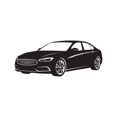 Luxury sedan car vector graphic. Modern automobile silhouette illustration. Black and white automotive vehicle icon for logo or decal, isolated on white background.
