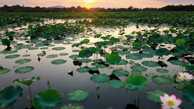An aerial or wide angle perspective capturing the expansive beauty of a lotus pond, showcasing the dense arrangement of leaves and flowers. overhead landscape