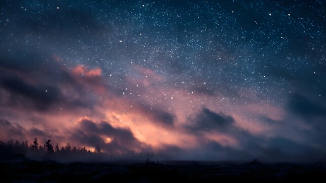 A dramatic star filled twilight sky with colorful clouds illuminates a dark forest landscape